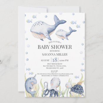 Blue Boys Under The Sea Whale Calf Baby Shower Invitation by figtreedesign at Zazzle