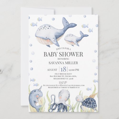 Blue Boys Under the Sea Whale Calf Baby Shower Invitation
