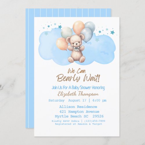 Blue Boys We Can Bearly Wait Bear Baby Shower Invitation