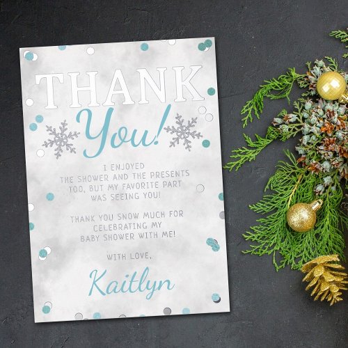 Blue Boys Winter Christmas Baby Shower Thank You Foil Invitation