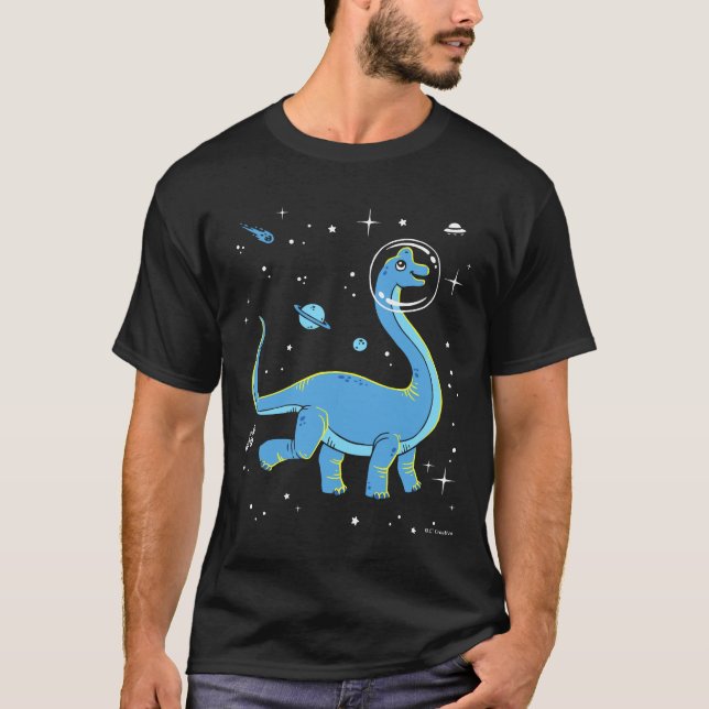 Blue Brachiosaurus Dinos In Space T-Shirt (Front)