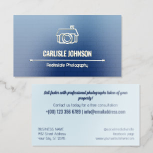 Blue Brick Wall Gold Camera Realestate Photography Foil Business Cards