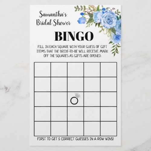 Blue Bridal Shower Bingo english spanish game card Flyer