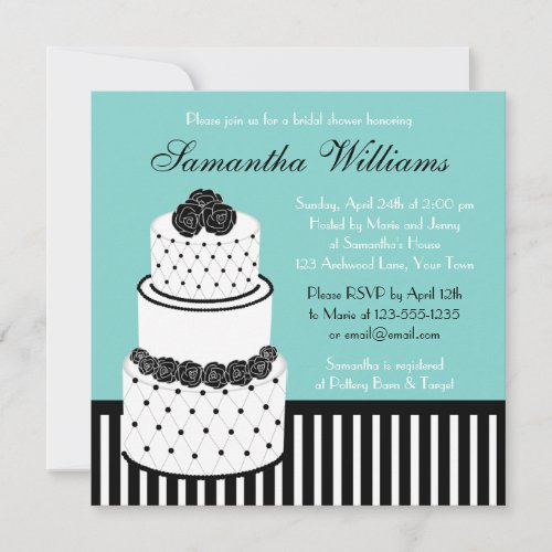 Blue Bridal Shower Black &amp; White Wedding Cake Invite