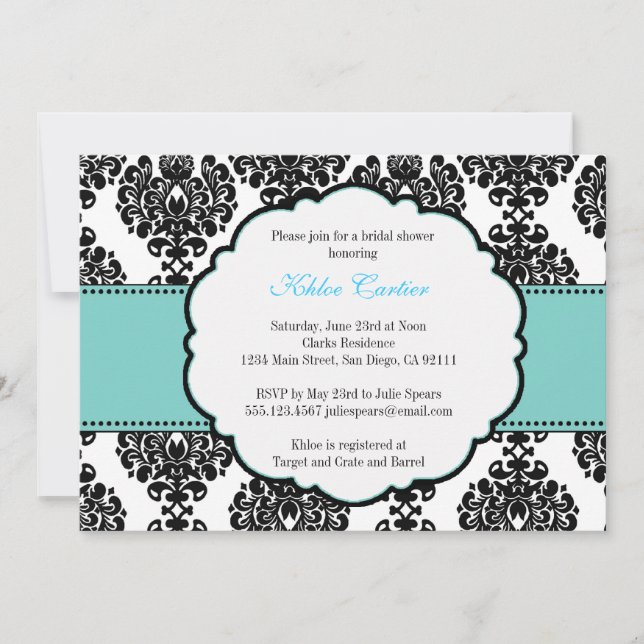 Blue Bridal Shower Invitations Damask (Front)