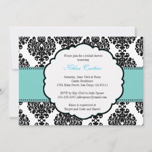 Blue Bridal Shower Invitations Damask