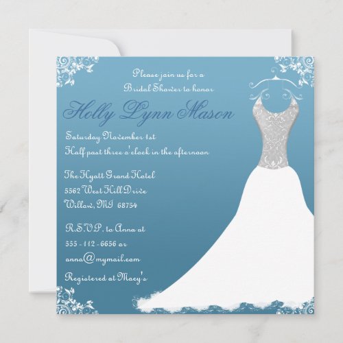 Blue Bridal Shower Wedding Gown Invitation