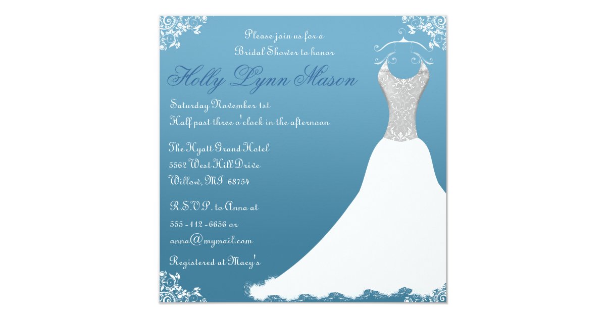 Blue Bridal Shower Wedding Gown Invitation