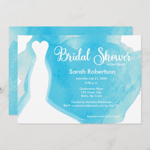 Blue bridal shower Wedding Gown Watercolor Invitation