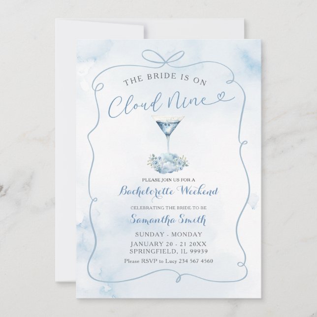 Blue Bride Is On Cloud Nine Bachelorette Itinerary Invitation (Front)