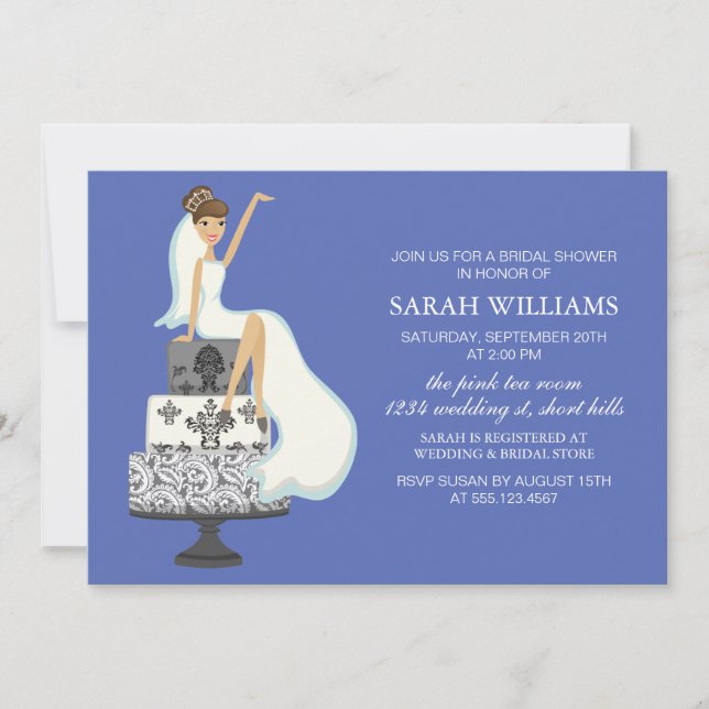 Blue Bride on Wedding Cake Invitation (Front)