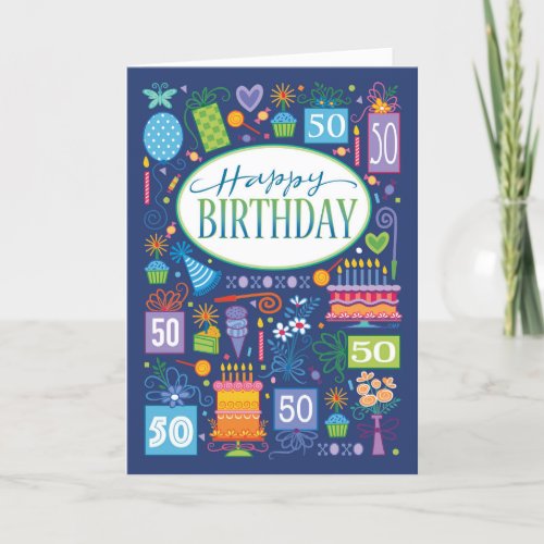 Blue Bright Pastel Icons 50th Birthday Card