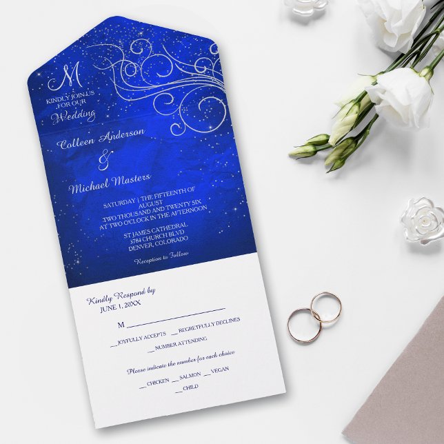 Blue Bright Silver Swirl Monogram Photo All In One Invitation (Creator Uploaded)