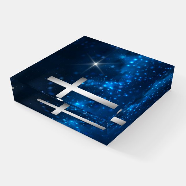 Blue Bright Star Christian Silver Cross Paperweight (Angled)
