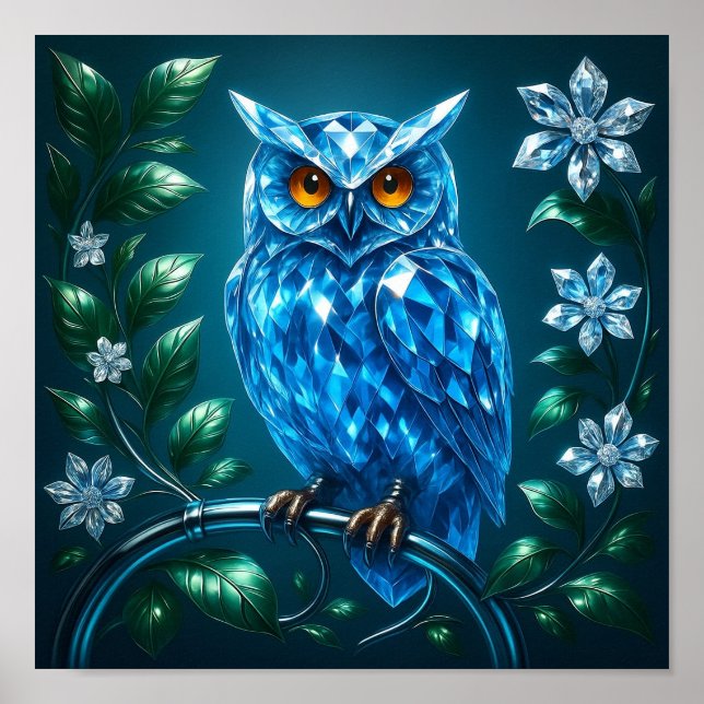 Blue Brilliant Owl on Brass Branch Poster (Front)