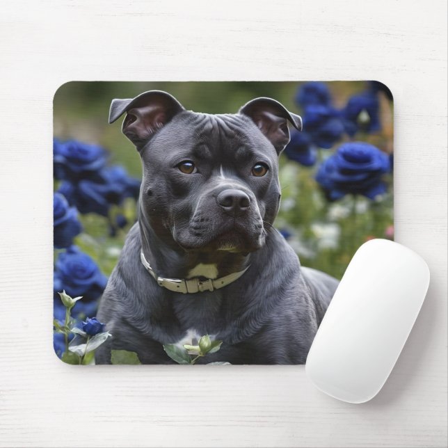 "Blue Brindle Beauty: A Staffy With Blue Roses Mouse Pad (With Mouse)