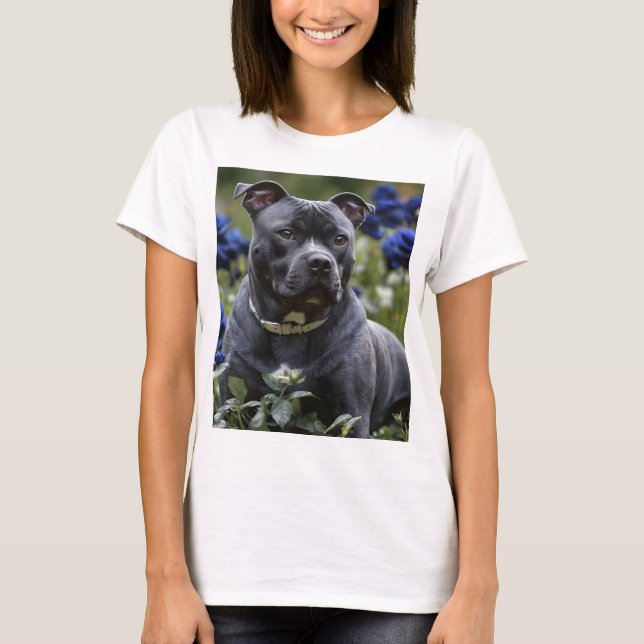 "Blue Brindle Beauty: A Staffy With Blue Roses T-Shirt (Front)