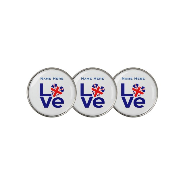 Blue British LOVE Heart Personalized  Golf Ball Marker (3 Up)