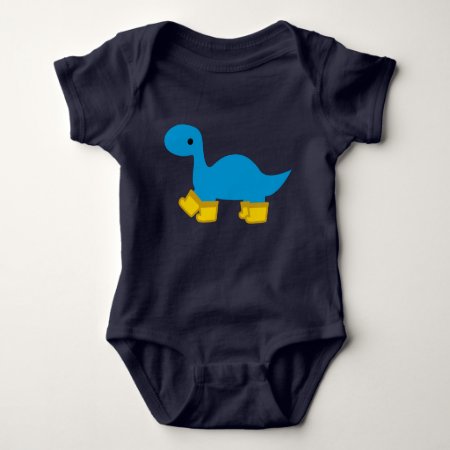 Blue Brontosaurus Dinosaur And Rainboots Baby Dino Baby Bodysuit