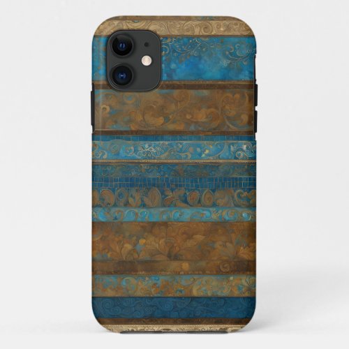 Blue Bronze and Gold Grunge Stripes iPhone 11 Case