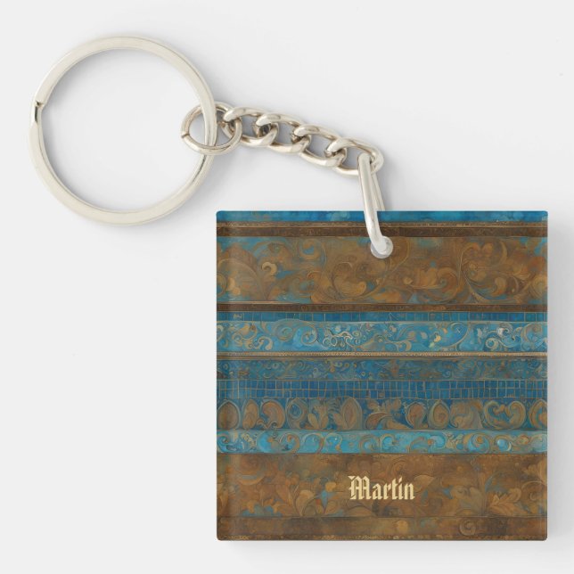 Blue Bronze and Gold Grunge Stripes Keychain (Front)