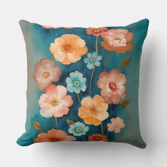 Blue, Bronze and Rust Floral Throw Pillow (Front)