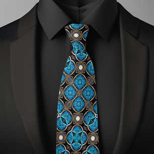 Blue Bronze Black and Cream Fancy Diamond Pattern Neck Tie