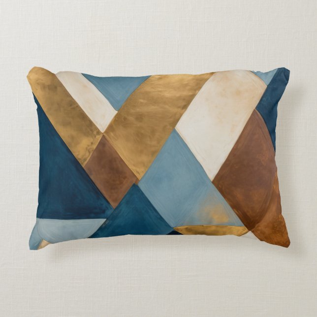 Blue bronze cream and gold geometric abstract accent pillow (Front)
