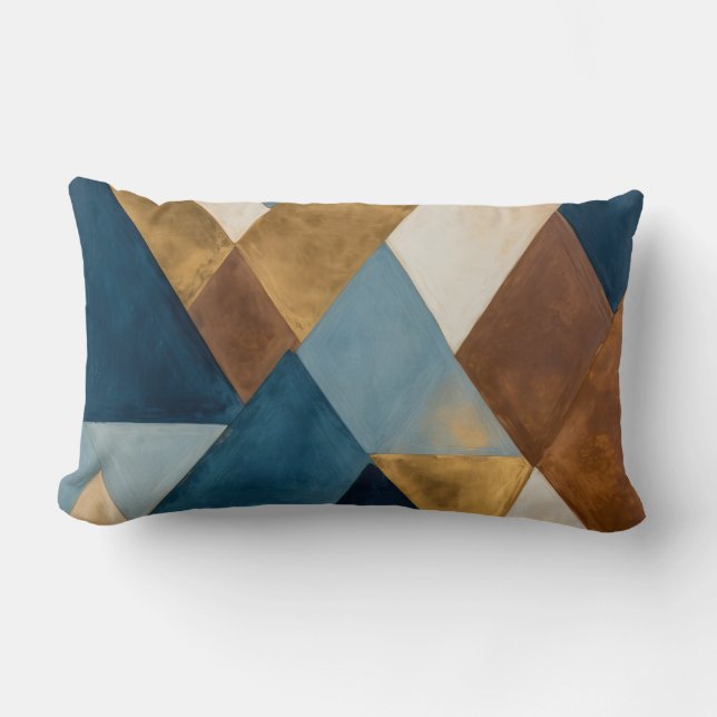 Blue bronze cream and gold geometric abstract lumbar pillow (Front)