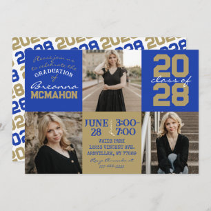 Blue & Bronze Gold 3 Photo Graduation Invitation