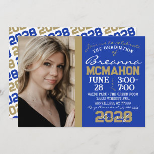 Blue & Bronze Gold Graduation Photo Invitation