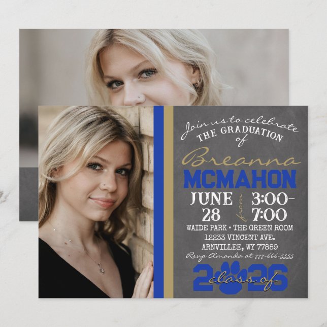 Blue & Bronze Gold Paw Print Graduation 2 Photo Invitation (Front/Back)