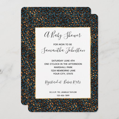 Blue Bronze Leopard Print Invitation