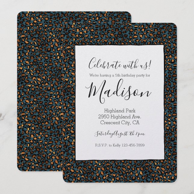 Blue Bronze Leopard Print Invitation (Front/Back)