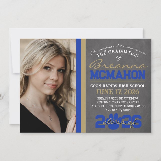 Blue & Bronze Paw Print Graduation Announcement (Front)