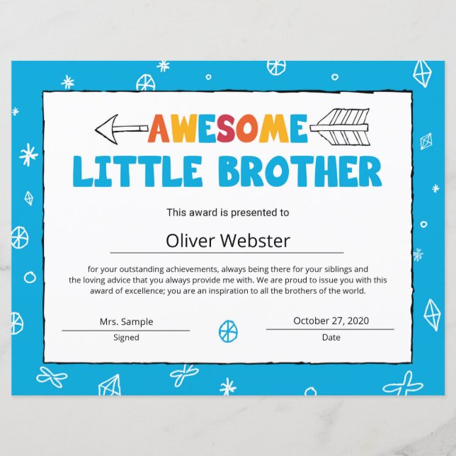 Blue Brother Certificate LittleBrother Certificate (Front)