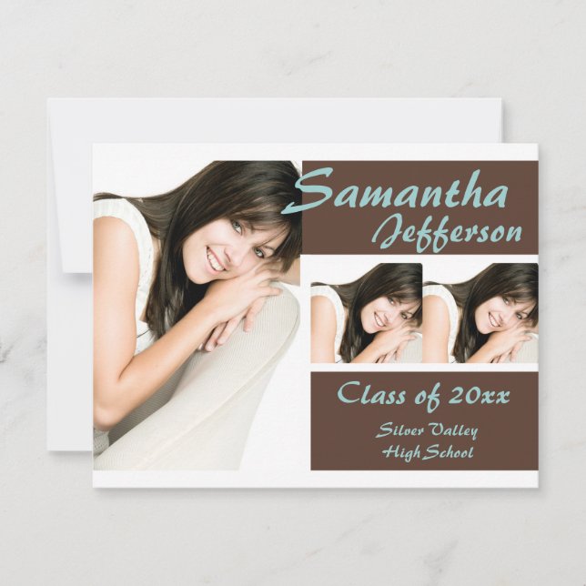 Blue/Brown 3 Photo Graduation Announcement (Front)