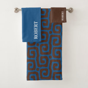  Blue &Brown Abstract Pattern Custom Name Bath Towel Set