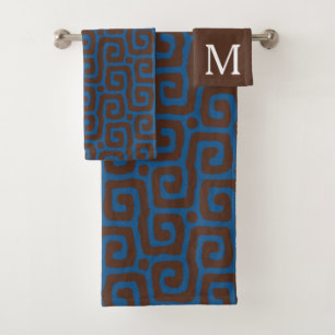  Blue &Brown Abstract Pattern Monogram name Bath Towel Set