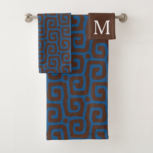 Blue &Brown Abstract Pattern Monogram name Bath Towel Set (Insitu)