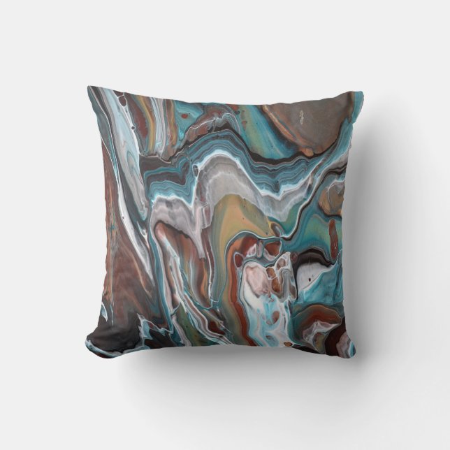 Blue Brown Agate Geode Abstract Fluid Art Throw Pillow (Front)