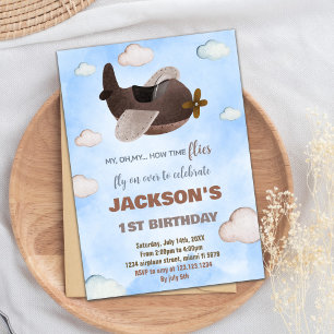 Blue Brown Airplane Birthday Invitations