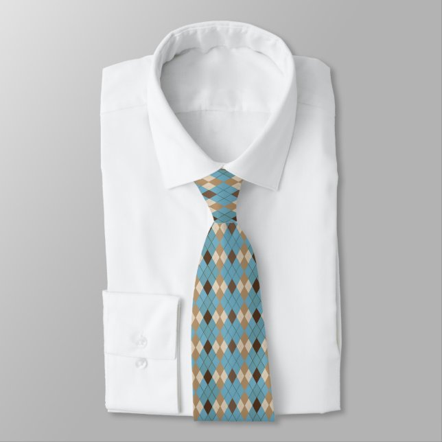 Blue Brown and Beige Diamond Pattern Neck Tie (Tied)