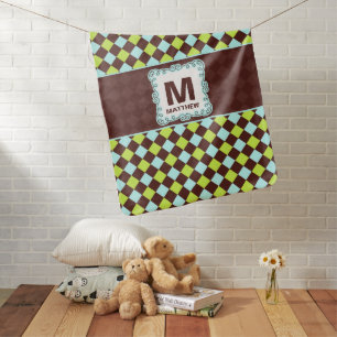 Blue Brown and Green Diamond Pattern Monogram Boys Baby Blanket