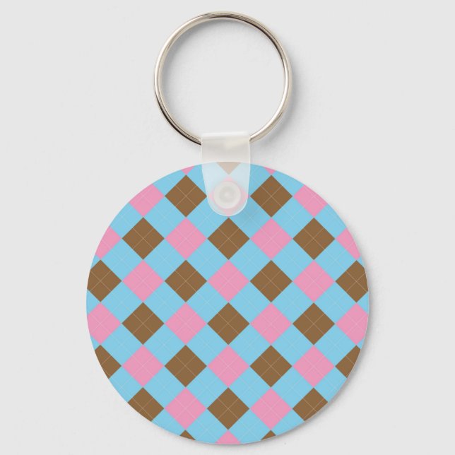 Blue, brown and pink plaid pattern keychain (Front)