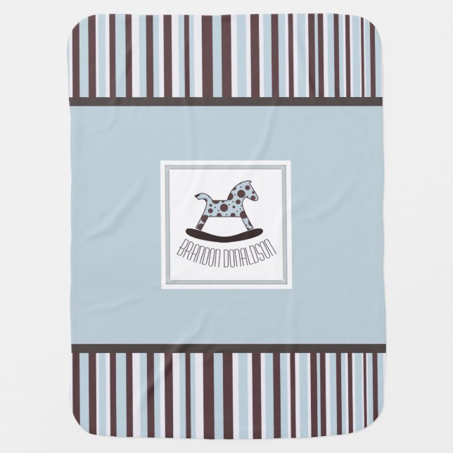 Blue, Brown and White Rocking Horse Baby Blanket (Front)