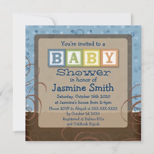 Blue brown baby blocks shower invitations