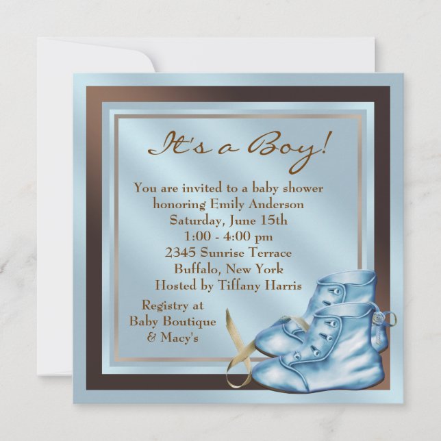 Blue Brown Baby Shoes Blue Brown Baby Boy Shower Invitation (Front)
