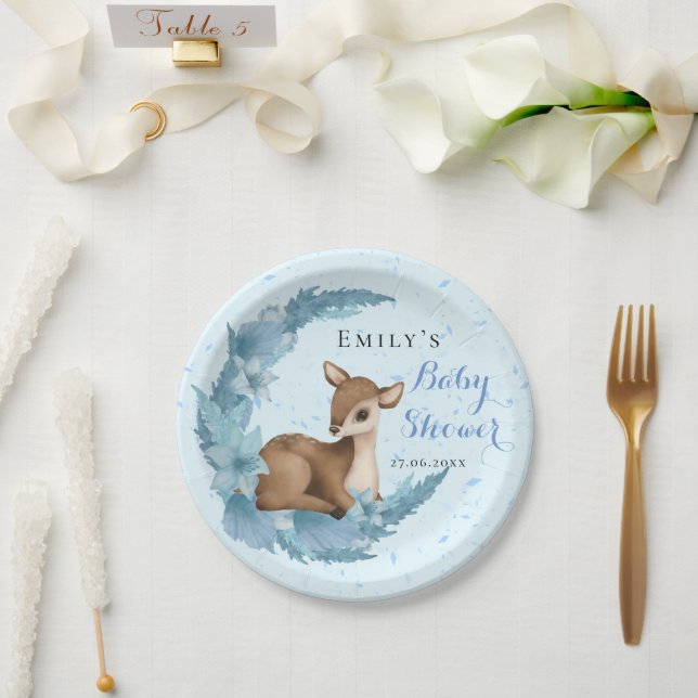 Blue Brown Bambi Half-Moon Flowers Dust Baby Boy Paper Plates (Wedding)
