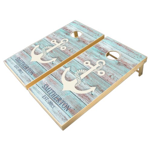 Blue Brown Beach Wood Nautical Anchor    Cornhole  Cornhole Set